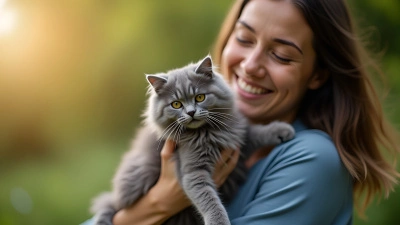 Smiling Person Carrying Fluffy Gray Cat Outdoors