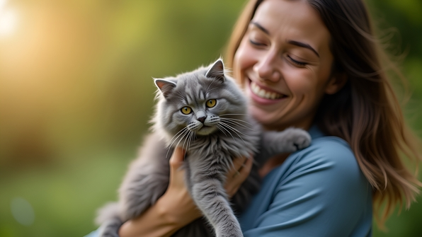 A smiling person gently carrying a fluffy gray cat outdoors with soft natural lighting