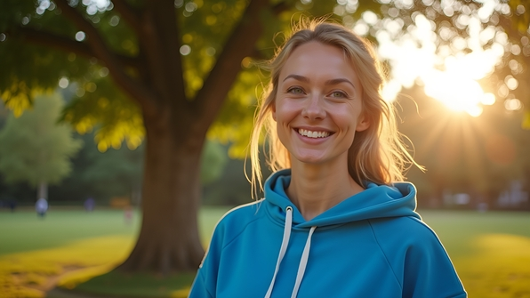 A smiling woman in a vibrant blue hoodie stands beside a lush green tree outdoors