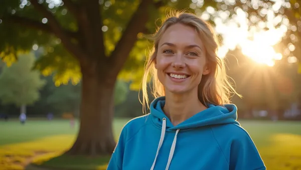 Smiling Woman in Blue Hoodie Outdoors