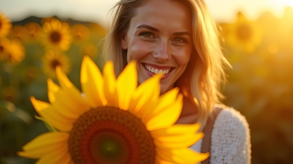 Close-up selective focus photo of a smiling woman gently holding a bright sunflower
