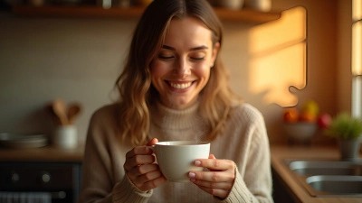 Smiling Woman Holding Coffee In Cozy Kitchen