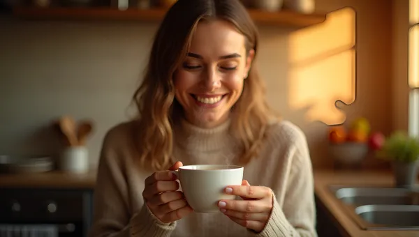 Smiling Woman Holding Coffee In Cozy Kitchen