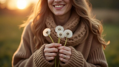Smiling Woman Holding White Dandelions Outdoors