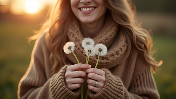 Smiling woman holding white dandelions outdoors in a cozy brown sweater
