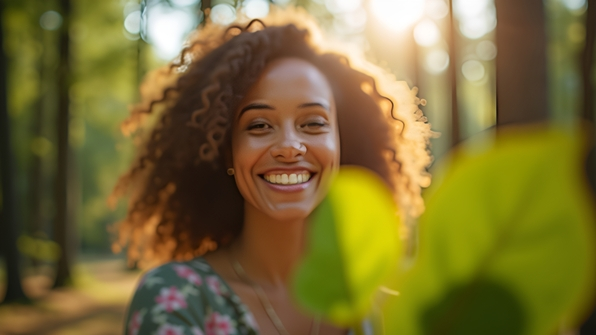 Smiling woman outdoors holding green leaf with sunlight filtering through trees