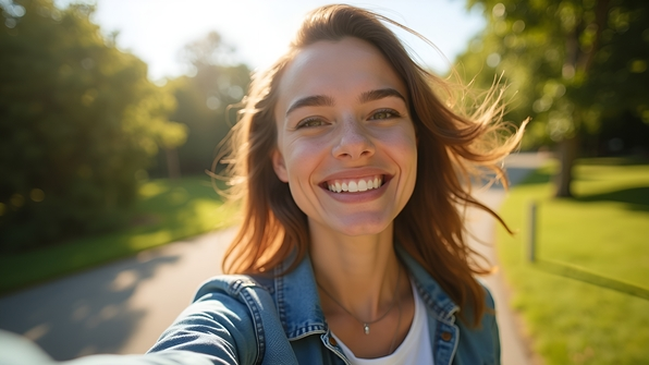 Smiling Woman Taking Selfie Outdoors