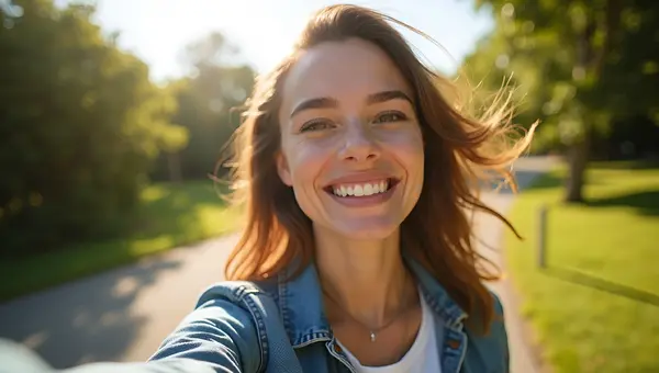 Smiling Woman Taking Selfie Outdoors