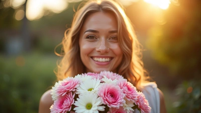 Smiling Woman With Vibrant White Pink Bouquet Outdoors