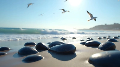 Smooth Black Stones On Sandy Shore
