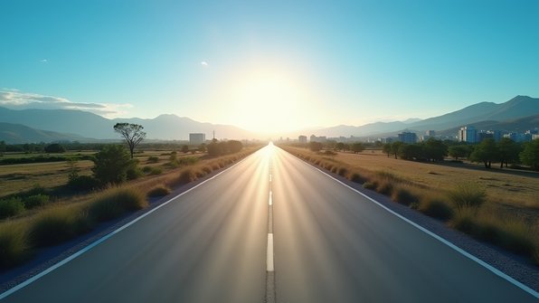 A smooth gray concrete road stretching into the distance under a clear blue sky with sparse greenery and urban elements