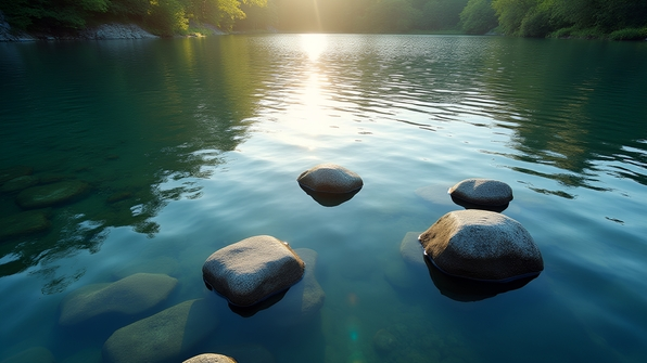 Smooth rocks scattered on a tranquil lake surface with gentle ripples and sunlight reflections