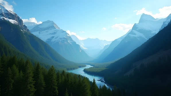 Snow-capped glacier mountains with dense forest in the foreground under a clear blue sky