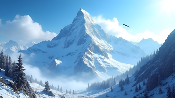 Snow-capped mountain peak under clear blue daytime sky with sunlight on icy slopes and alpine trees