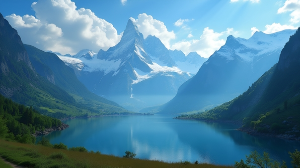 Snow-capped mountains with reflective lake and lush green valleys under blue sky