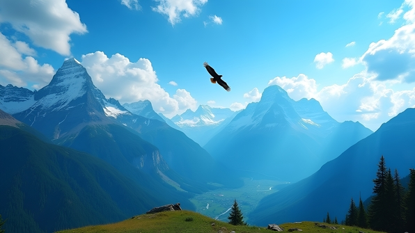 Snow-capped mountains beneath a clear blue sky with green valleys in bright daylight
