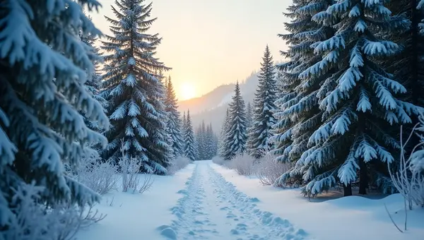 Snow-Covered Evergreen Forest Under Winter Sky