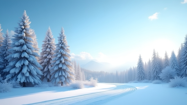A serene winter landscape with snow-covered evergreen trees under a clear blue sky