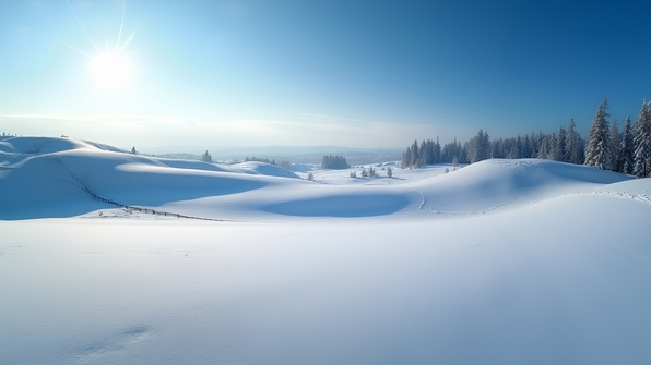A vast snow-covered field with rolling hills under a clear blue sky