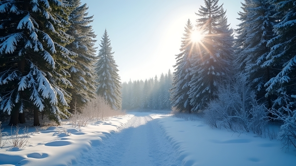 Snow-covered green trees in a peaceful winter forest under a bright daytime sky with soft sunlight