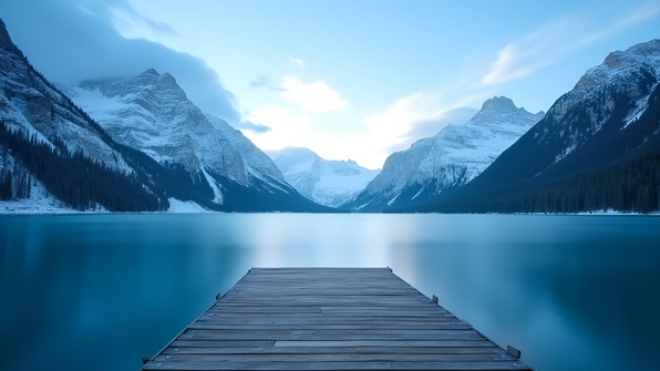 Tranquil lake encircled by towering snow-covered ice mountains under a clear blue sky
