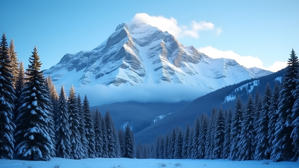 Snow-covered mountain towering behind a dense evergreen forest dusted with fresh snow under a clear blue sky