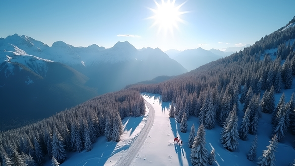 Snow-covered mountain landscape with winding road through dense pine forests under a clear blue sky