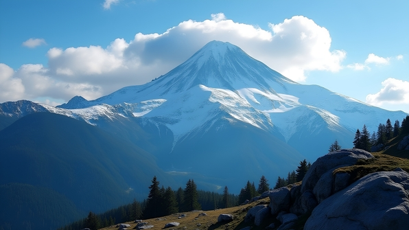 Snow-covered mountain peak with evergreen forests under a clear blue sky