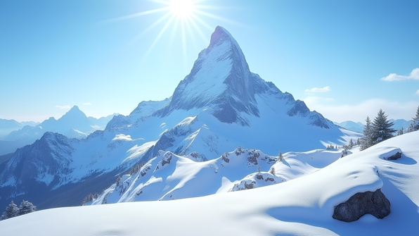 Snow-covered mountain peak beneath a vibrant clear blue sky surrounded by pristine white snowfields