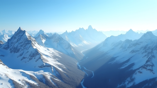 Aerial view of a snow-covered mountain range with crisp white peaks under a clear blue sky