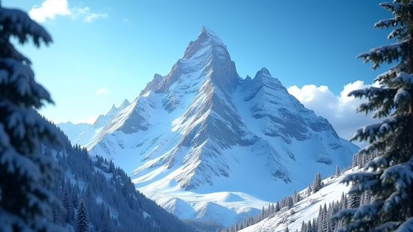 Low-angle view of a snow-covered mountain with rugged peaks and textured snowy slopes under a clear blue sky