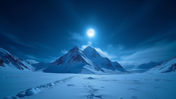 A snow-covered mountain under a starry night sky with a glowing full moon illuminating the icy landscape