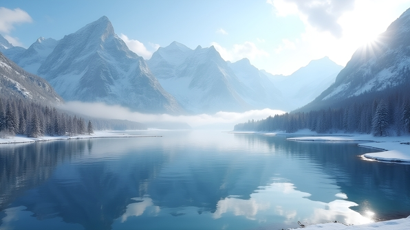 Snow-covered mountains towering beside a calm lake with clear daytime sky and crisp reflections