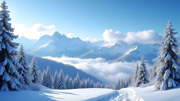 Snow-covered mountains under a clear blue sky with sunlight reflecting off white peaks