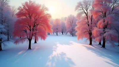 Snow-Covered Park With Vibrant Red Trees