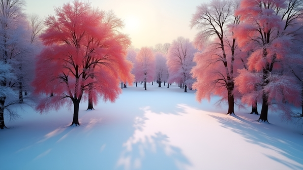 A serene snow-covered park with vibrant red-leafed trees under a clear winter sky