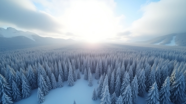 Snow-covered pine trees densely packed beneath a bright overcast white winter sky