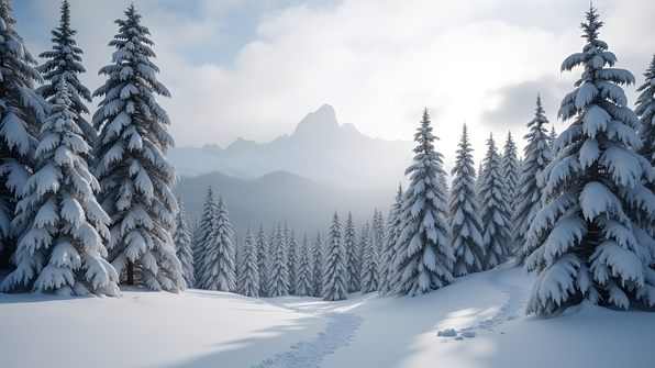 High-contrast grayscale photo of snow-covered pine trees in a serene winter forest landscape