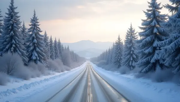 Snow-Covered Road With Frosted Trees In Winter