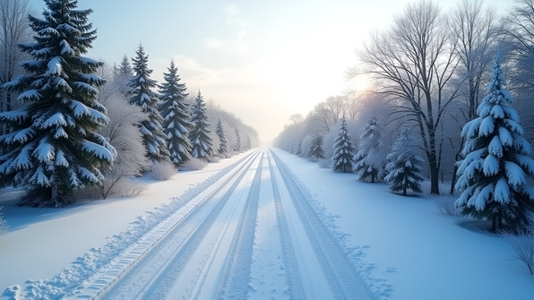 Snow-covered road flanked by lush green trees dusted with fresh white snow under a clear winter sky