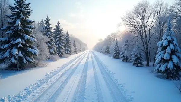 Snow-Covered Road Through Green Trees