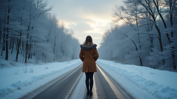 A woman wearing a warm coat stands alone on a snow-covered road surrounded by frosted trees under a cloudy winter sky