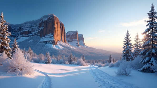 Snow-covered rock formation under a clear blue sky in a serene winter landscape