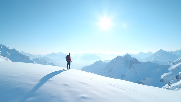 A lone figure stands atop a snow-covered slope with distant mountain peaks under a clear blue sky