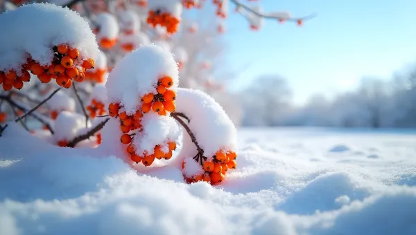 Snow-Covered Tree With Bright Orange Berries In Winter