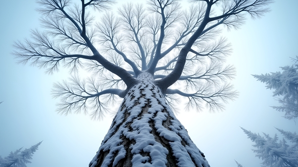 Snow-covered tree towering overhead with intricate bark textures and frosted branches against a pale winter sky