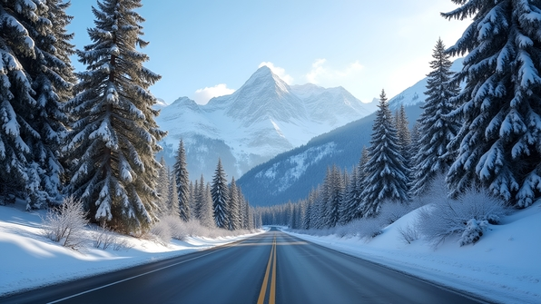 Snow-covered trees along a clear asphalt road with snow-capped mountains in the background under a bright winter sky