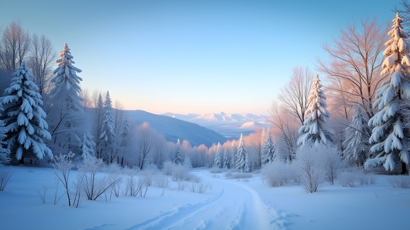Snow-covered trees with bare branches under a clear blue sky in a serene winter forest landscape