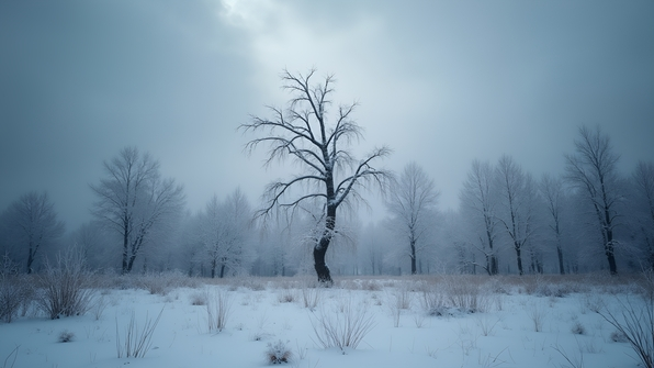 Desolate winter landscape with snow-covered withered trees under a gray overcast sky