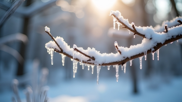 Close-up of a snow-laden brown tree branch against a soft, blurred winter background